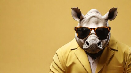 Rhinoceros stylish wearing sunglasses poses against a vibrant yellow background. Creative animal concept banner