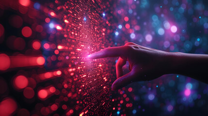 A hand is reaching over a digital interface with glowing blue and orange lights. The background is a dark blur with glowing orange lights.