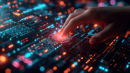 A hand is reaching over a digital interface with glowing blue and orange lights. The background is a dark blur with glowing orange lights.