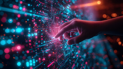 A hand is reaching over a digital interface with glowing blue and orange lights. The background is a dark blur with glowing orange lights.