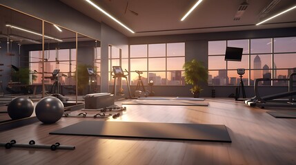 A contemporary fitness studio with designated workout zones and floor seating - obrazy, fototapety, plakaty