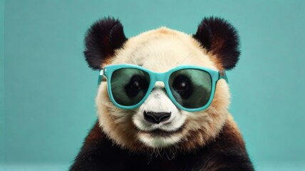 Panda stylish wearing sunglasses poses against a vibrant turquoise  background. Creative animal concept banner