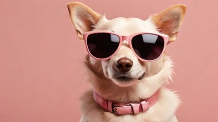  stylish wearing sunglasses poses against a vibrant pink background. Creative animal concept banner