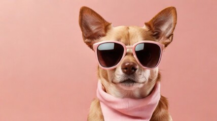  stylish wearing sunglasses poses against a vibrant pink background. Creative animal concept banner
