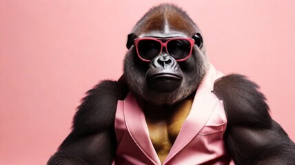 Gorilla  stylish wearing sunglasses poses against a vibrant pink background. Creative animal concept banner