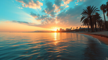Fototapeta na wymiar Strand in der Südsee mit Palmen und einem Blick auf eine Stadt am Horizont viel Meer und Sonnenaufgang oder Sonnenuntergang
