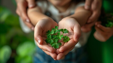Close-up of family's hands, young and old, holding St. Patrick's Day four-leaves shamrocks. AI Generated