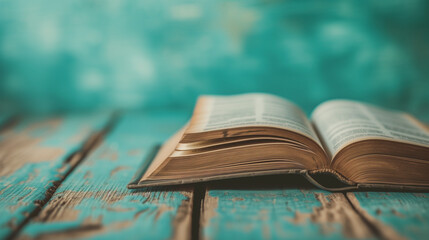 Ein altes Buch liegt aufgeschlagen auf einem alten blauen oder türkisen Holztisch