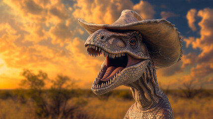 Ein fleischfressender Dinosaurier mit Cowboyhut auf der Steppe oder Feld lacht in die Kamera bei Abendstimmung