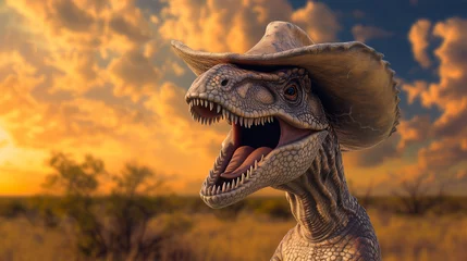 Photo sur Plexiglas Dinosaures Ein fleischfressender Dinosaurier mit Cowboyhut auf der Steppe oder Feld lacht in die Kamera bei Abendstimmung