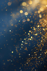 Fototapeta premium gold confetti on blue background. golden sparkle, glitter dust. Abstract design card, greeting, holiday celebrate. Shine trail tail magic comet