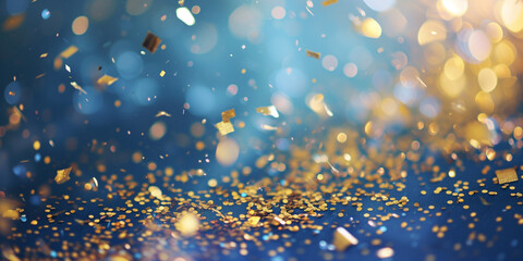 gold confetti on blue background. golden sparkle, glitter dust. Abstract design card, greeting, holiday celebrate. Shine trail tail magic comet - obrazy, fototapety, plakaty