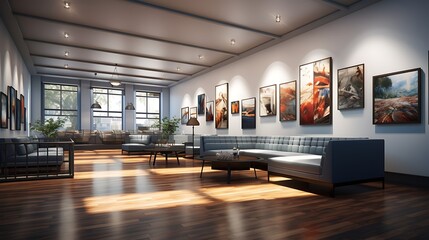 A contemporary art gallery with versatile seating for patrons to admire the artwork - obrazy, fototapety, plakaty