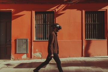 Young guy in virtual reality glasses walking on street
