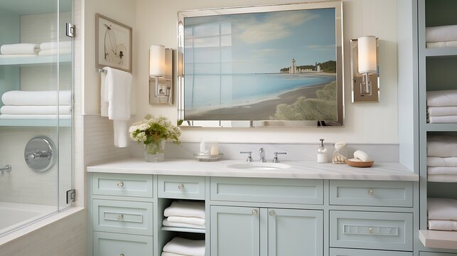 A coastal-themed bathroom with a mirrored medicine cabinet that hides extra storage