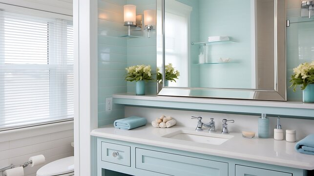 A coastal-themed bathroom with a mirrored medicine cabinet that hides extra storage