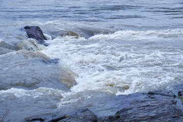 Altai river Katun in Spring season. Boulders in river rapids.