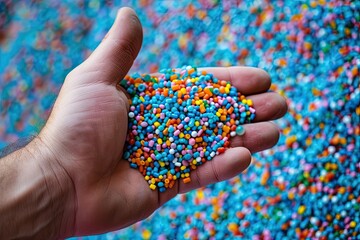 hand holding Dyed synthetic polymer resins granulates. Recycled plastic granules - obrazy, fototapety, plakaty