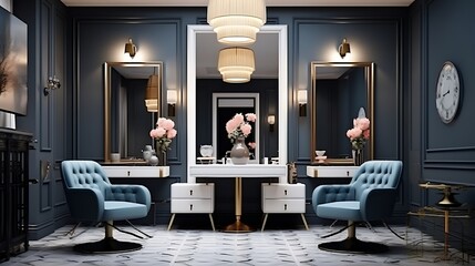 A chic salon interior with stylish seating for waiting customers - obrazy, fototapety, plakaty