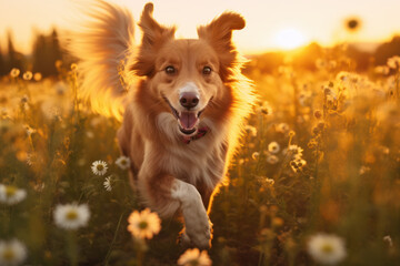 Joyful dog running through sunny meadow with wildflowers. Pet happiness and freedom.