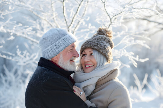 Senior heterosexual Caucasian couple in beautiful snowy winter nature. Neural network generated image. Not based on any actual scene or pattern.