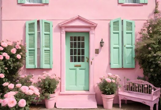 a pink house with a green door and shutters
