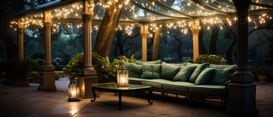 a patio with a couch and a table with lights