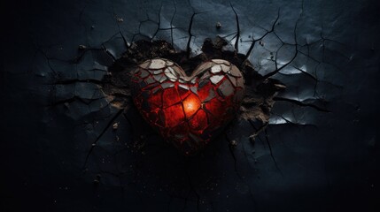 A broken red heart on a dark background. Glass fragments fly apart. The concept of separation, divorce, loneliness.