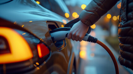 A hand holds an EV car charger against the background, symbolizing energy and refueling  - obrazy, fototapety, plakaty