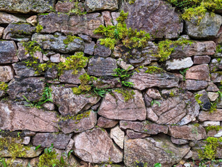 Texture of a stone wall with moss, Somiedo natural park, Asturias, Spain