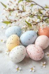 Naklejka na ściany i meble Easter concept. pastel speckled eggs and spring flowers. a greeting card. copy space.
