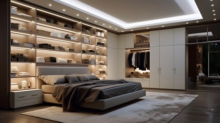 A bedroom with overhead storage concealed within a drop-down ceiling design - obrazy, fototapety, plakaty