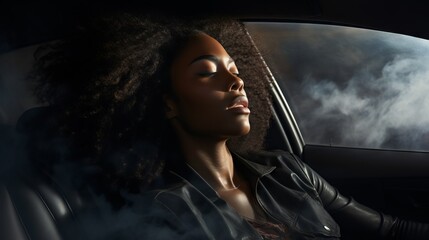 A tired black woman drives her car in foggy weather.