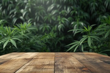 Empty wooden boardwalk over medical cannabis plants background. mock up for design and product display.