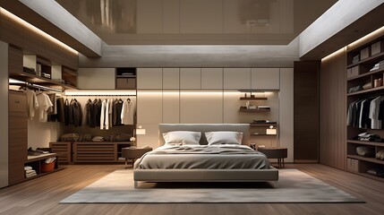 A bedroom with overhead storage concealed within a drop-down ceiling design