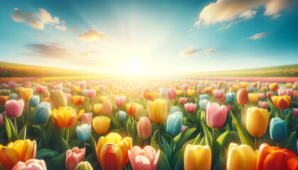 Sunrise Over Multicolored Tulip Farm Easter Spring Background