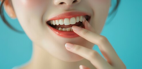 Fototapeta premium Close up of mouth of happy woman touching the corners of her mouth, Woman smiling while touching her flawless glowy skin with copy space for your advertisement, skincare.