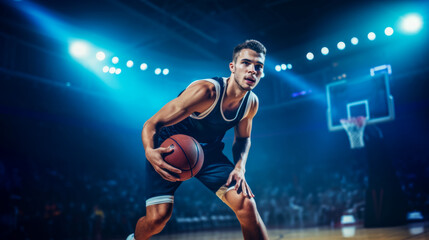 Young basketball player dribbles the ball during the game, low angle shot, professional basketball arena, bright spotlights on the field, advertising shooting