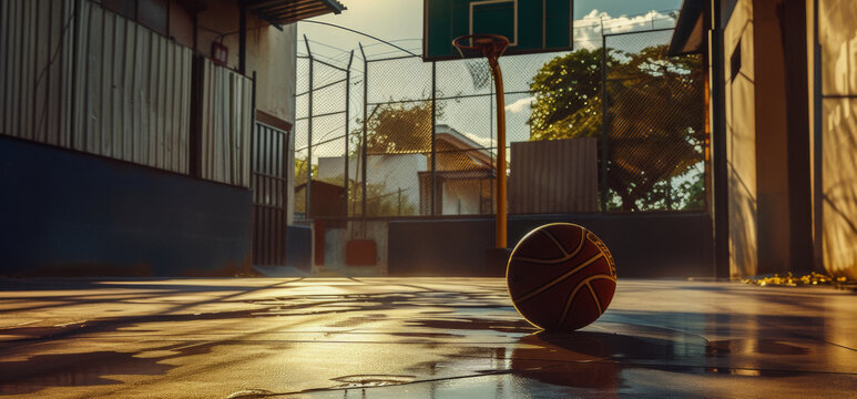 Street empty basketball court, poster with basketball ball on street school playground after rain, selective focus, copy space