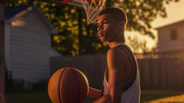 A teenage boy in the rays of the setting sun trains to play basketball on the court near his home