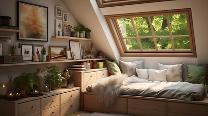 A bedroom with hidden storage within a window seat or alcove, maximizing space and comfort