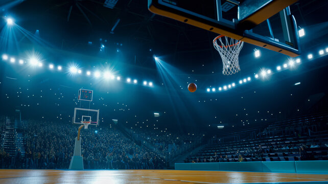 Basketball arena in the rays of spotlights, the ball flying over the arena, preparing the stadium for competitions, copied space for the concept