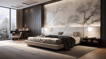 A bedroom with hidden storage and a glossy accent wall to reflect light and add sophistication - obrazy, fototapety, plakaty