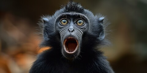 A captivating black monkey with wide-open eyes and a screaming mouth in the wilderness. Generative AI.