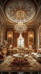 Fototapeta premium Experience opulent luxury in this modern living room, adorned with plush furnishings and sparkling chandeliers. Generative AI.