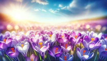 Foto op Plexiglas A field of blue and purple crocus flowers Easter Spring background © Marinesea