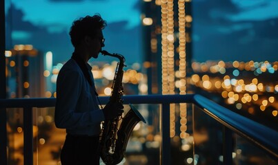 A stylish musician plays the saxophone on a night balcony with a scenic cityscape in the background. Generative AI. - obrazy, fototapety, plakaty