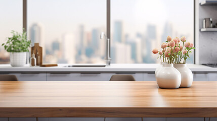 Fototapeta na wymiar Kitchen table top with blurred modern interior. AI Generative