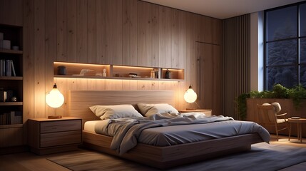 A bedroom with hidden cabinets and a wood-paneled wall, offering warmth and texture