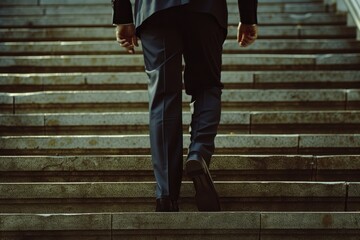 The businessman races up the stairs, symbolizing the concept of a successful career ladder.